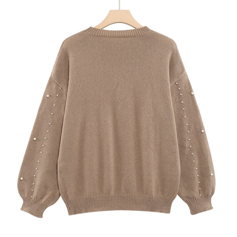 Women's Faux Pearls Sweater Round Neck Stylish Pullover Top