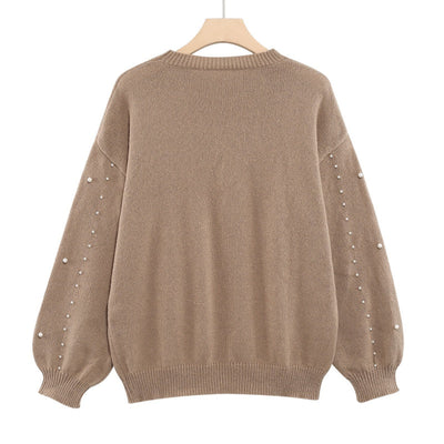 Women's Faux Pearls Sweater Round Neck Stylish Pullover Top