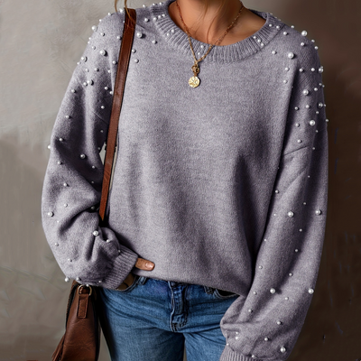 Women's Faux Pearls Sweater Round Neck Stylish Pullover Top