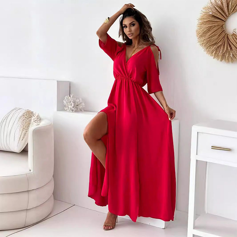 Women’s V Neck Side Slit Dress Elegant Sexy Evening Wear