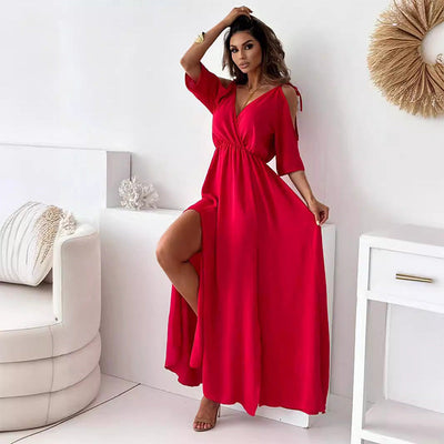 Women’s V Neck Side Slit Dress Elegant Sexy Evening Wear