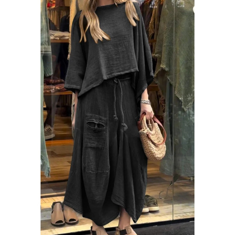 Women's Casual Two-Piece Outfit Round Neck Top And Loose Skirt