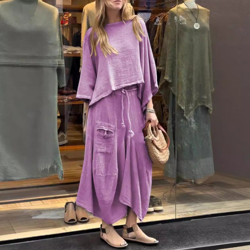 Women's Casual Two-Piece Outfit Round Neck Top And Loose Skirt