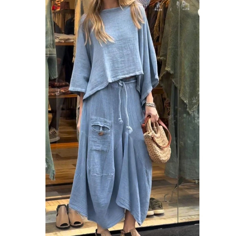 Women's Casual Two-Piece Outfit Round Neck Top And Loose Skirt