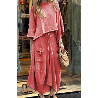 Women's Casual Two-Piece Outfit Round Neck Top And Loose Skirt