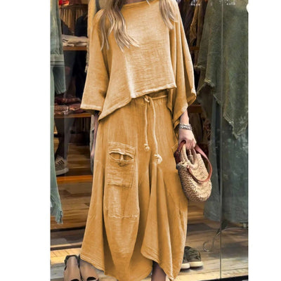 Women's Casual Two-Piece Outfit Round Neck Top And Loose Skirt