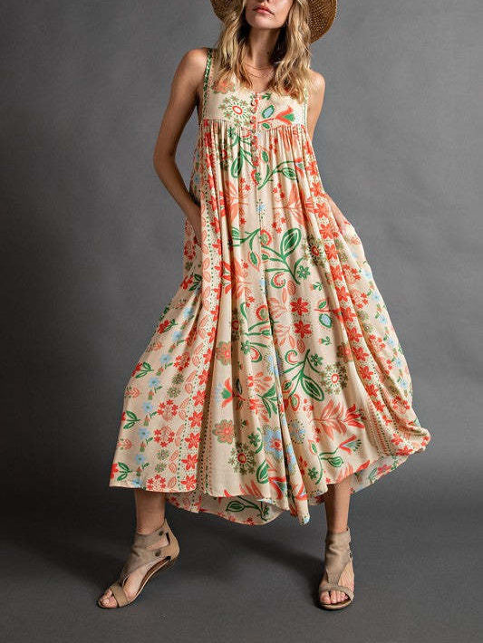 Vintage Sleeveless Jumpsuit Loose Fit Floral Print Summer Outfit
