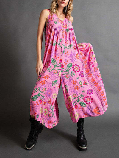 Vintage Sleeveless Jumpsuit Loose Fit Floral Print Summer Outfit