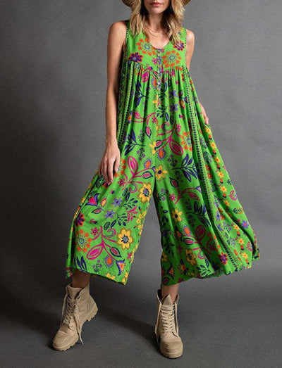 Vintage Sleeveless Jumpsuit Loose Fit Floral Print Summer Outfit
