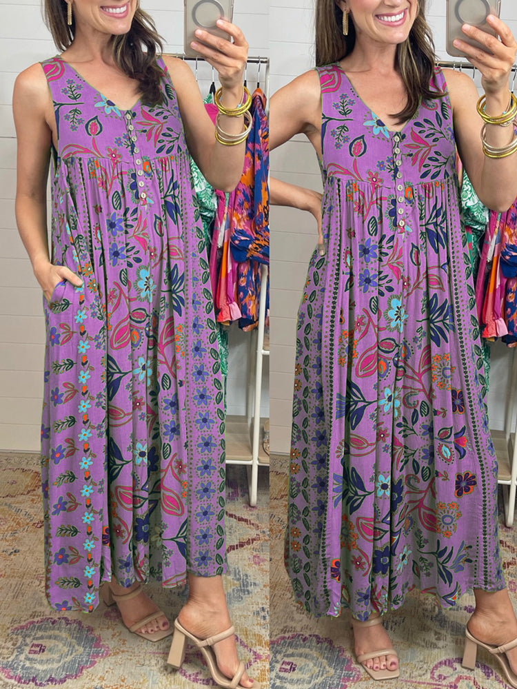 Vintage Sleeveless Jumpsuit Loose Fit Floral Print Summer Outfit