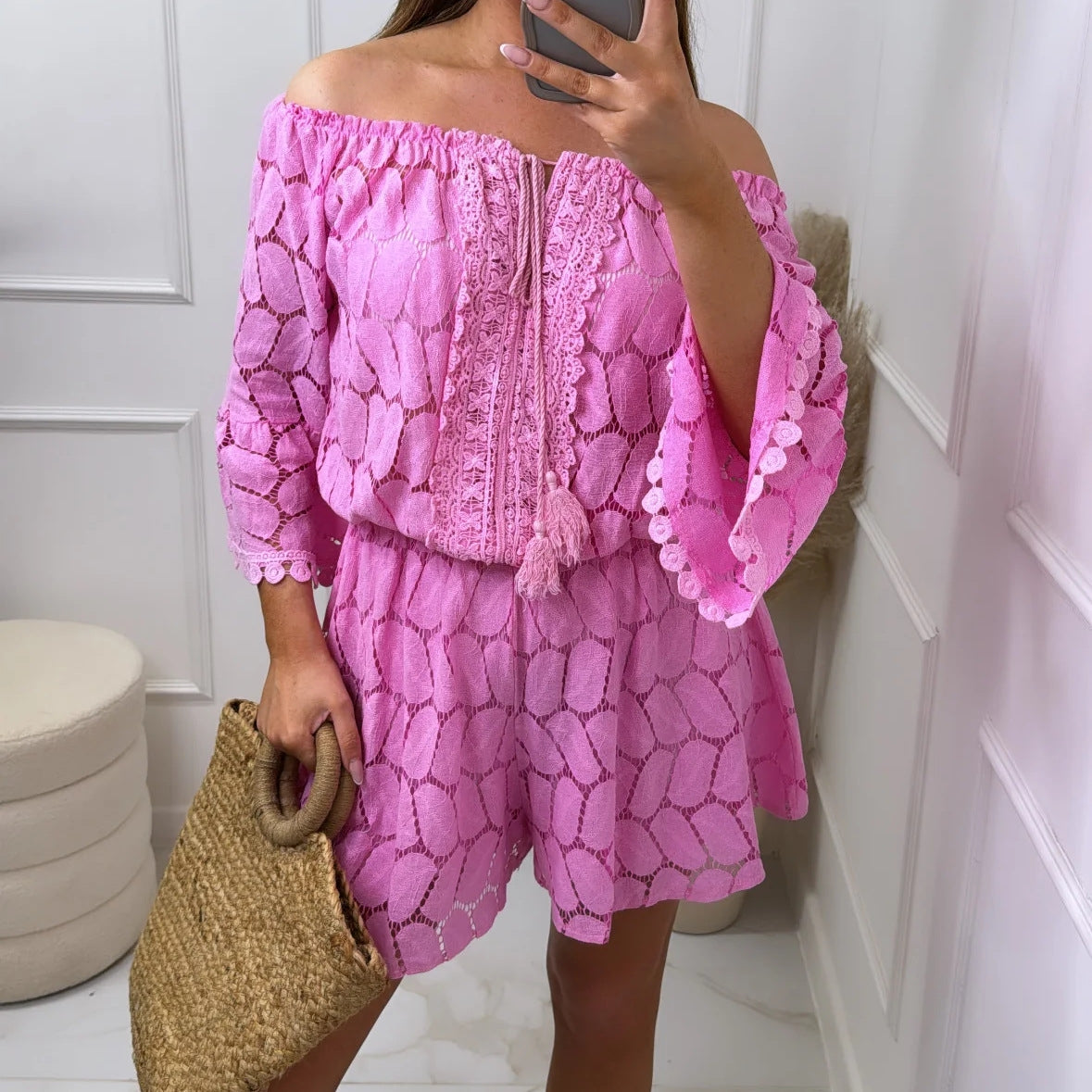 Women's Casual Lace Suit Short Sleeve V Neck Set
