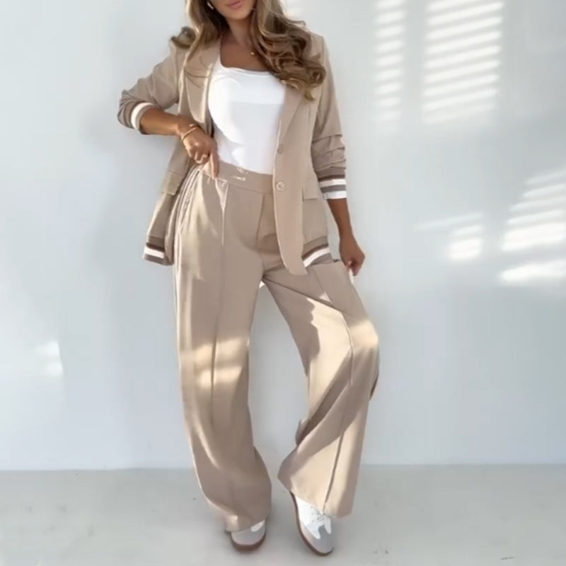 Women's Casual Blazer And Pants Set Beige Two Piece Outfit