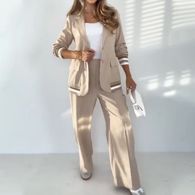 Women's Casual Blazer And Pants Set Beige Two Piece Outfit