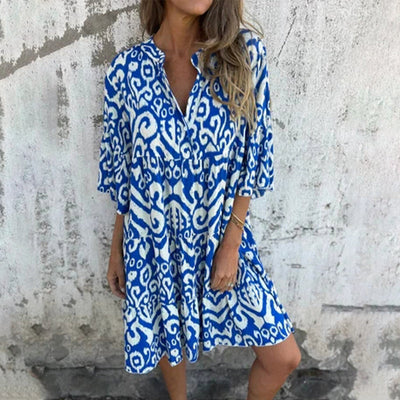 V-Neck Printed Dress With Stylish Three-Quarter Sleeves