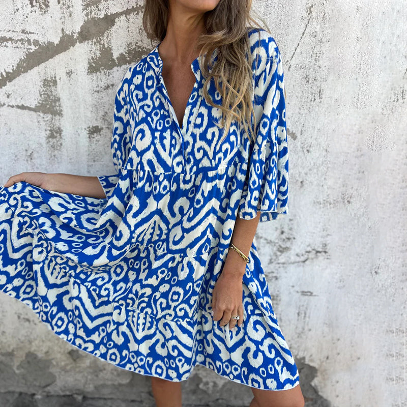 V-Neck Printed Dress With Stylish Three-Quarter Sleeves