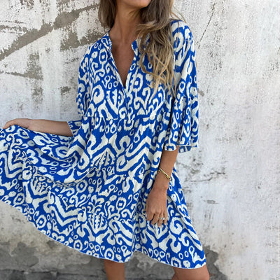 V-Neck Printed Dress With Stylish Three-Quarter Sleeves