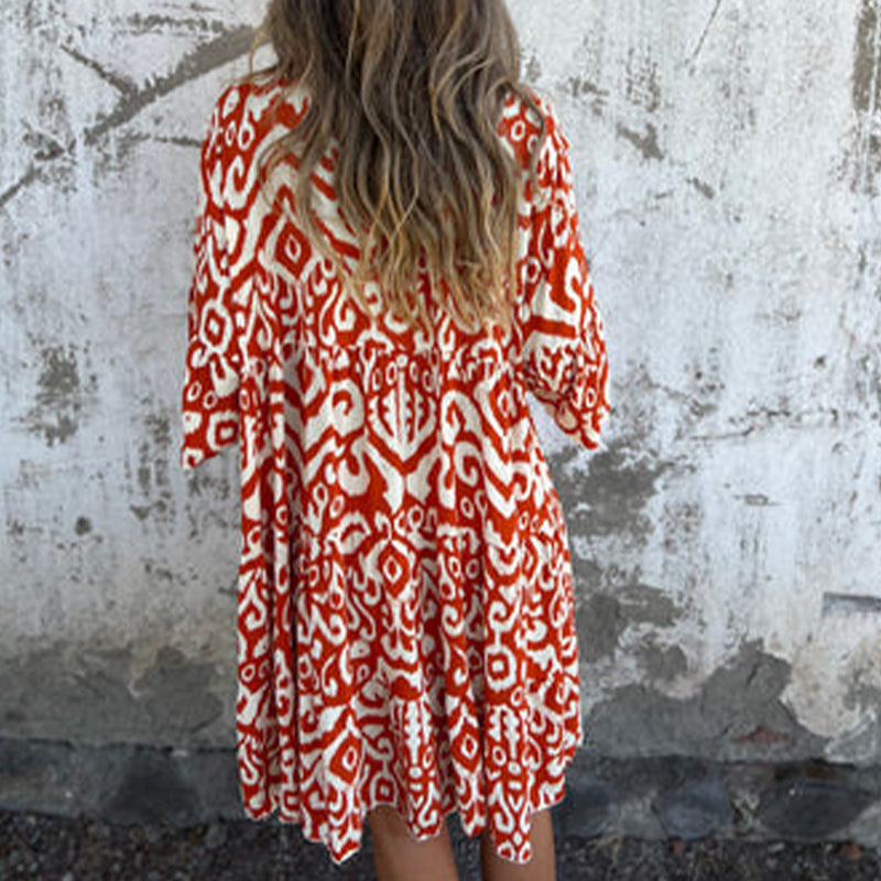 V-Neck Printed Dress With Stylish Three-Quarter Sleeves
