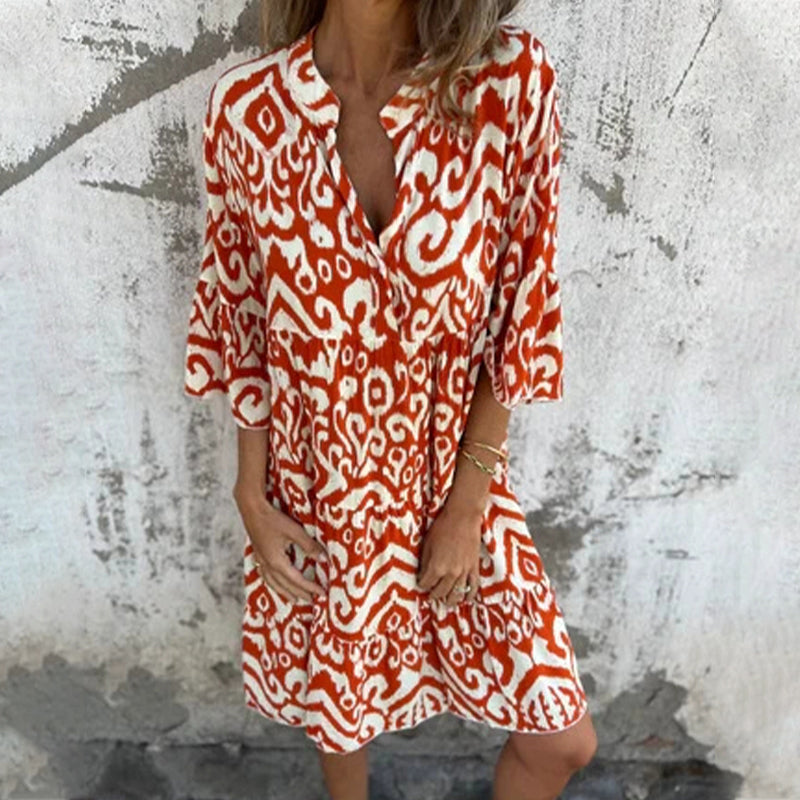 V-Neck Printed Dress With Stylish Three-Quarter Sleeves