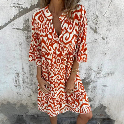 V-Neck Printed Dress With Stylish Three-Quarter Sleeves