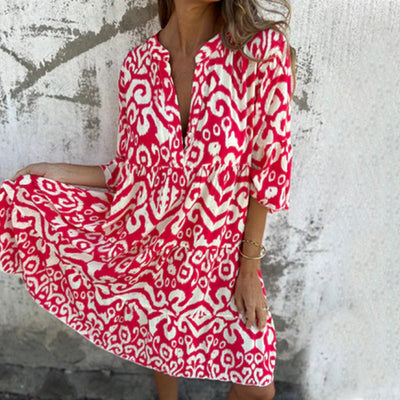 V-Neck Printed Dress With Stylish Three-Quarter Sleeves