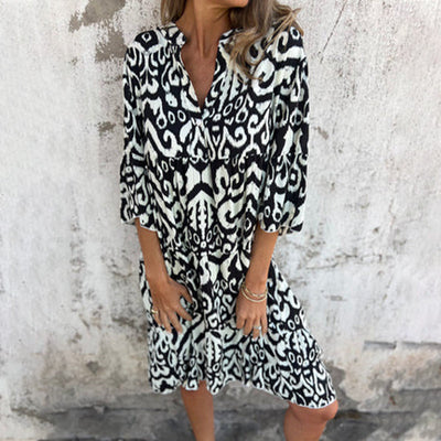 V-Neck Printed Dress With Stylish Three-Quarter Sleeves
