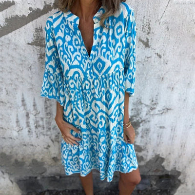 V-Neck Printed Dress With Stylish Three-Quarter Sleeves