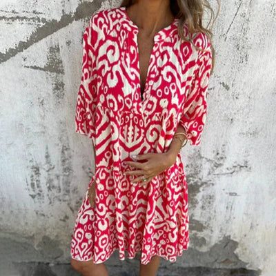 V-Neck Printed Dress With Stylish Three-Quarter Sleeves