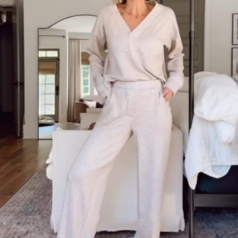 Casual Suit Set V Neck Top With Wide Leg Pants