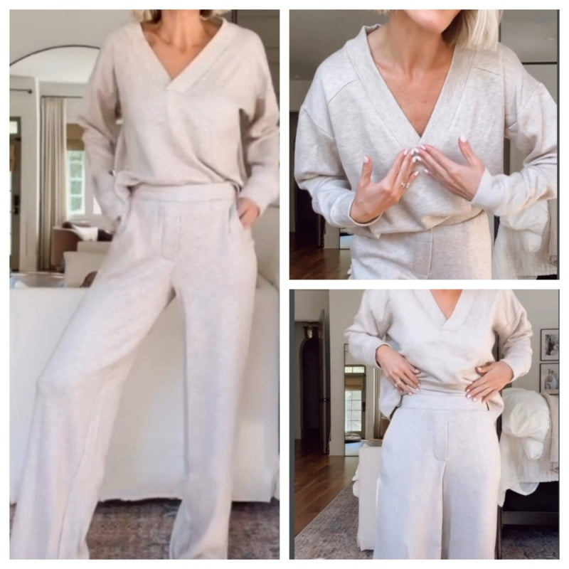 Casual Suit Set V Neck Top With Wide Leg Pants
