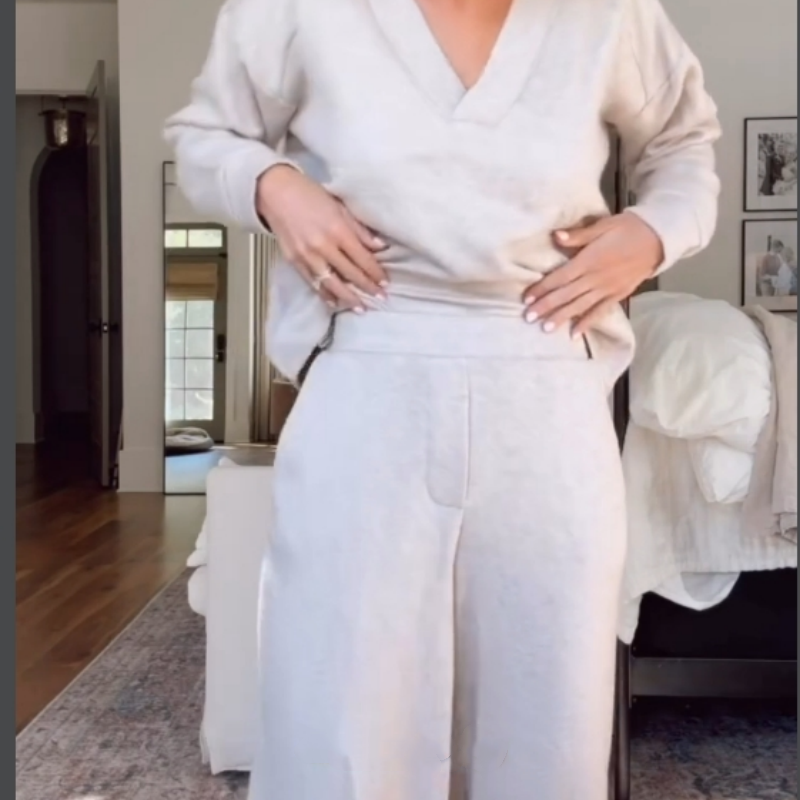 Casual Suit Set V Neck Top With Wide Leg Pants