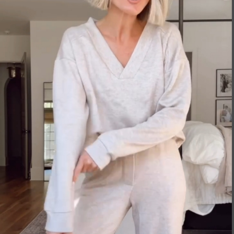 Casual Suit Set V Neck Top With Wide Leg Pants