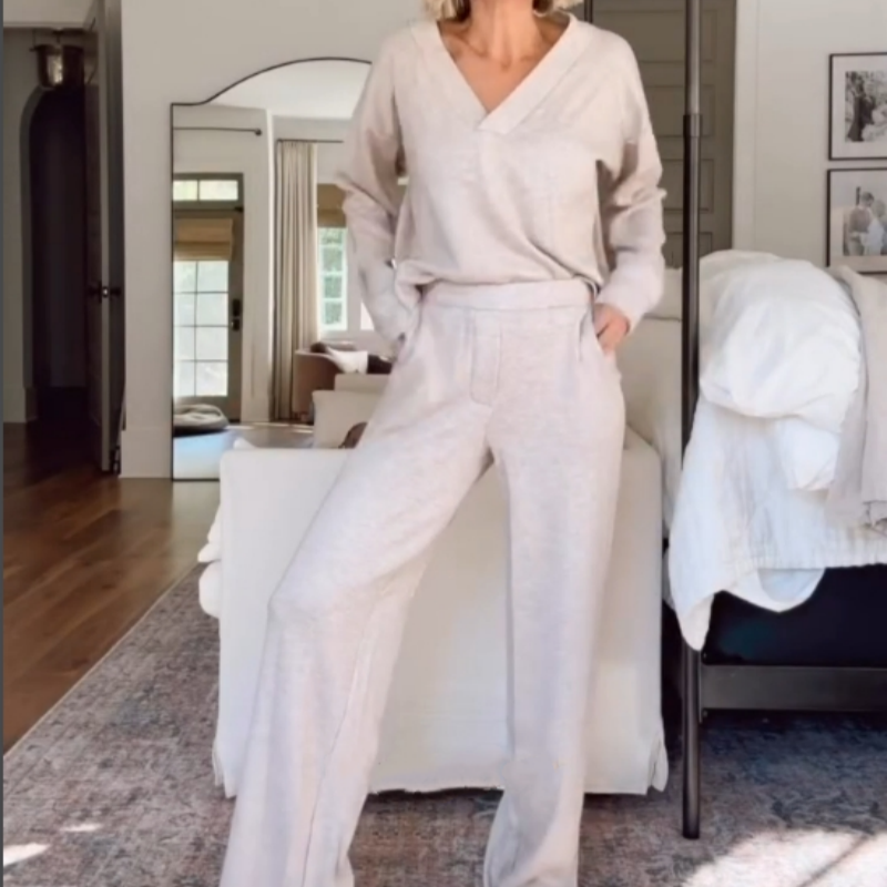 Casual Suit Set V Neck Top With Wide Leg Pants