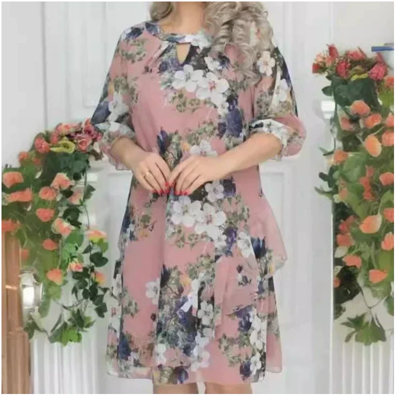 Women's Floral Print Knee-Length Dress Elegant Summer Style