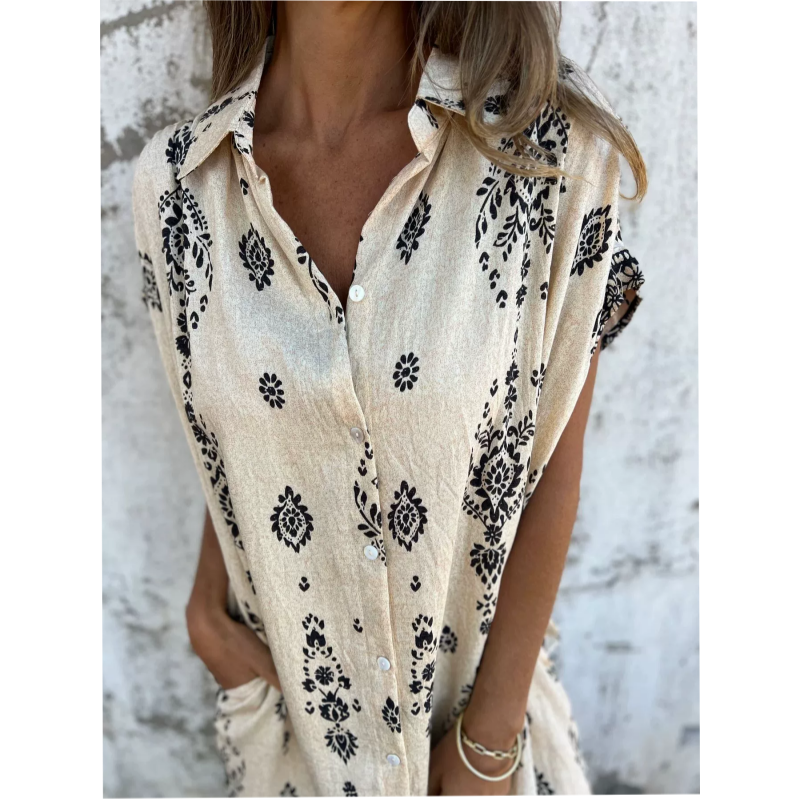 Loose-Fit Printed Dress With Short Sleeves And Pockets