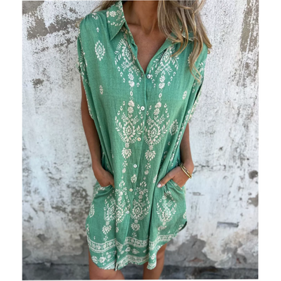 Loose-Fit Printed Dress With Short Sleeves And Pockets