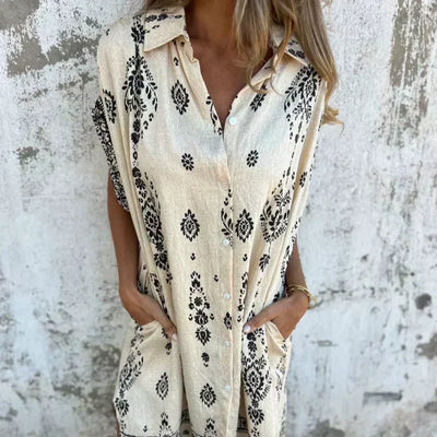 Loose-Fit Printed Dress With Short Sleeves And Pockets