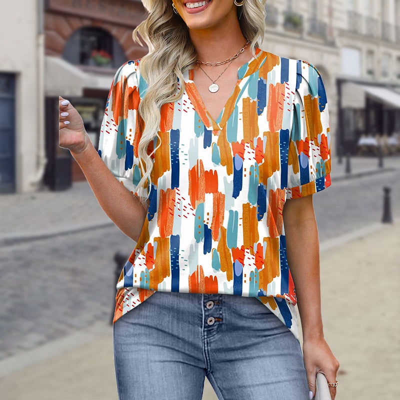 Women's Printed V-Neck Short Sleeve Top Stylish Summer Tee