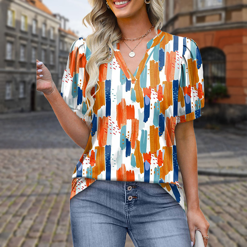 Women's Printed V-Neck Short Sleeve Top Stylish Summer Tee