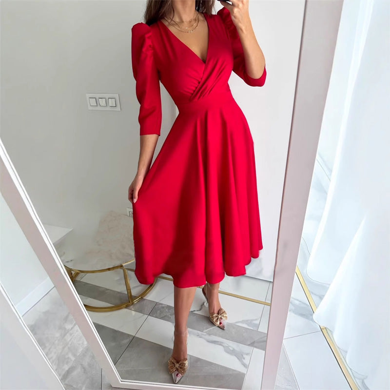 Women's V-Neck Midi Dress Pleated Waist Slimming Midi Dress