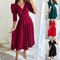 Women's V-Neck Midi Dress Pleated Waist Slimming Midi Dress