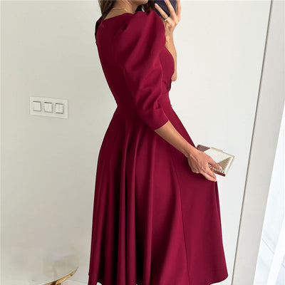 Women's V-Neck Midi Dress Pleated Waist Slimming Midi Dress