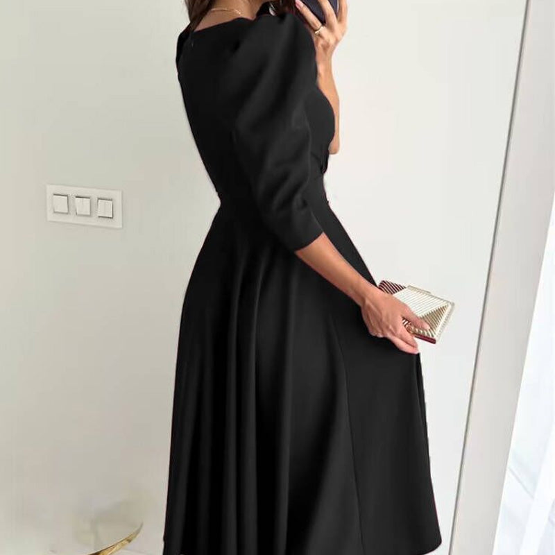 Women's V-Neck Midi Dress Pleated Waist Slimming Midi Dress