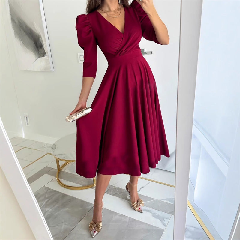 Women's V-Neck Midi Dress Pleated Waist Slimming Midi Dress