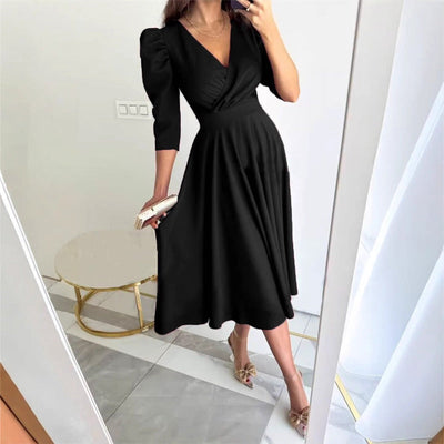 Women's V-Neck Midi Dress Pleated Waist Slimming Midi Dress