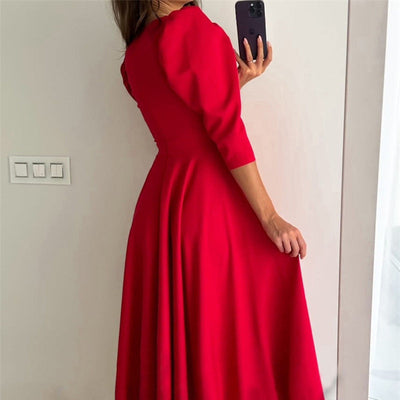Women's V-Neck Midi Dress Pleated Waist Slimming Midi Dress