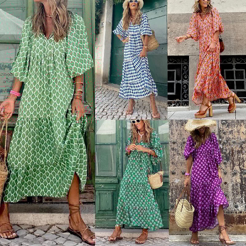 Women's Boho Maxi Dress Elegant Puff Sleeve Floral Design