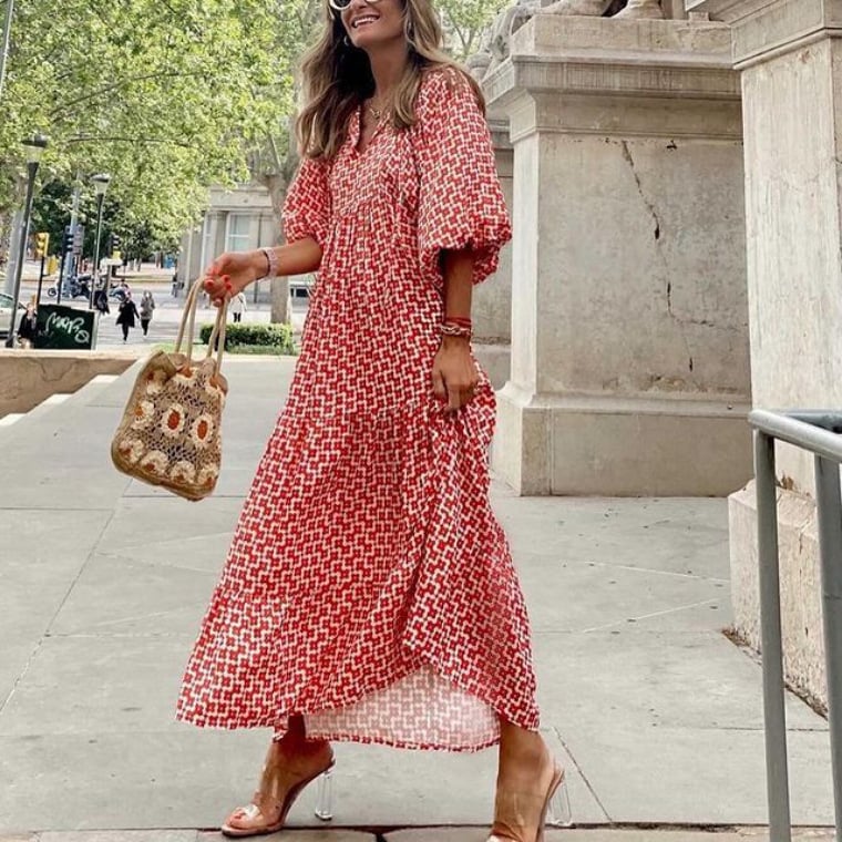 Women's Boho Maxi Dress Elegant Puff Sleeve Floral Design