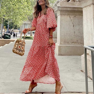 Women's Boho Maxi Dress Elegant Puff Sleeve Floral Design