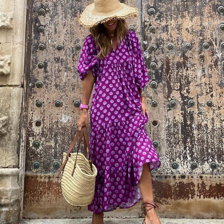 Women's Boho Maxi Dress Elegant Puff Sleeve Floral Design