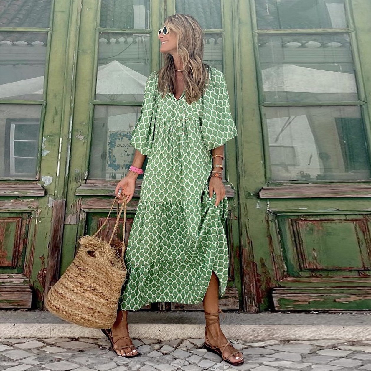 Women's Boho Maxi Dress Elegant Puff Sleeve Floral Design